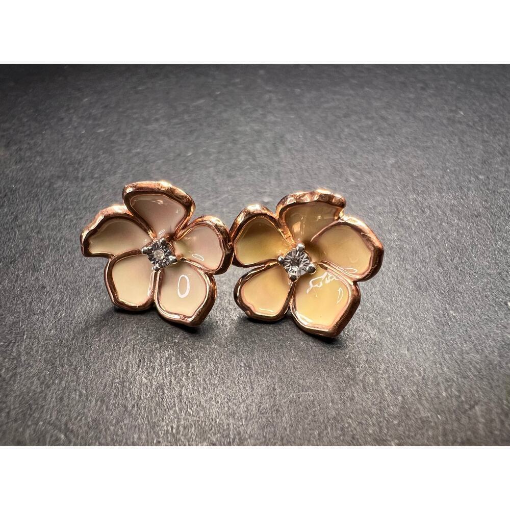 Diamond accent floral enamel earrings in rose gold over sterling silver
